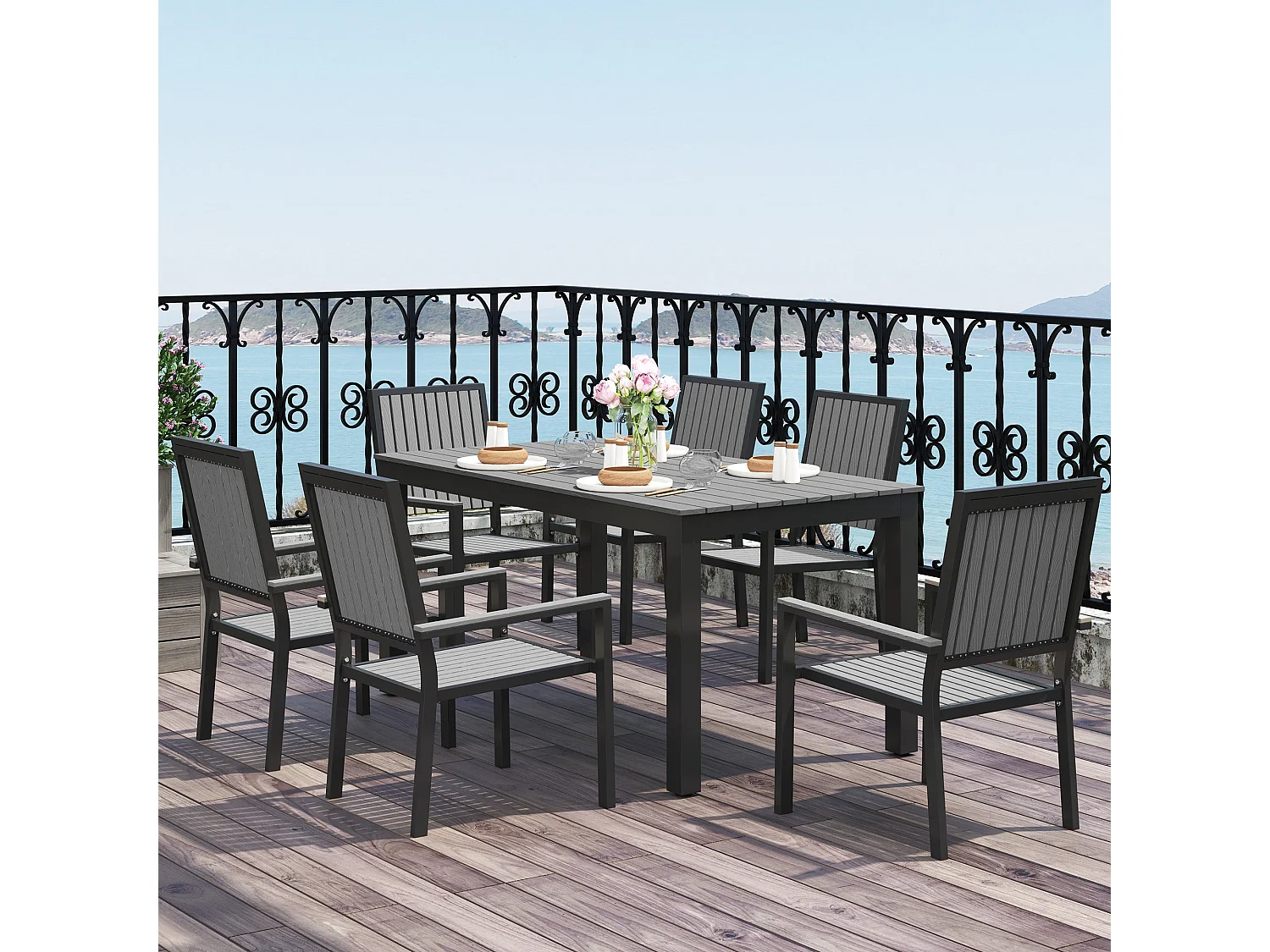 Tala 6 Seater Grey Garden Dining Set Rectangular 160cm Table with Stackable Armrest Chairs