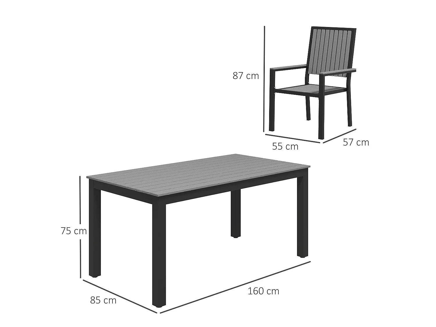 Tala 6 Seater Grey Garden Dining Set Rectangular 160cm Table with Stackable Armrest Chairs