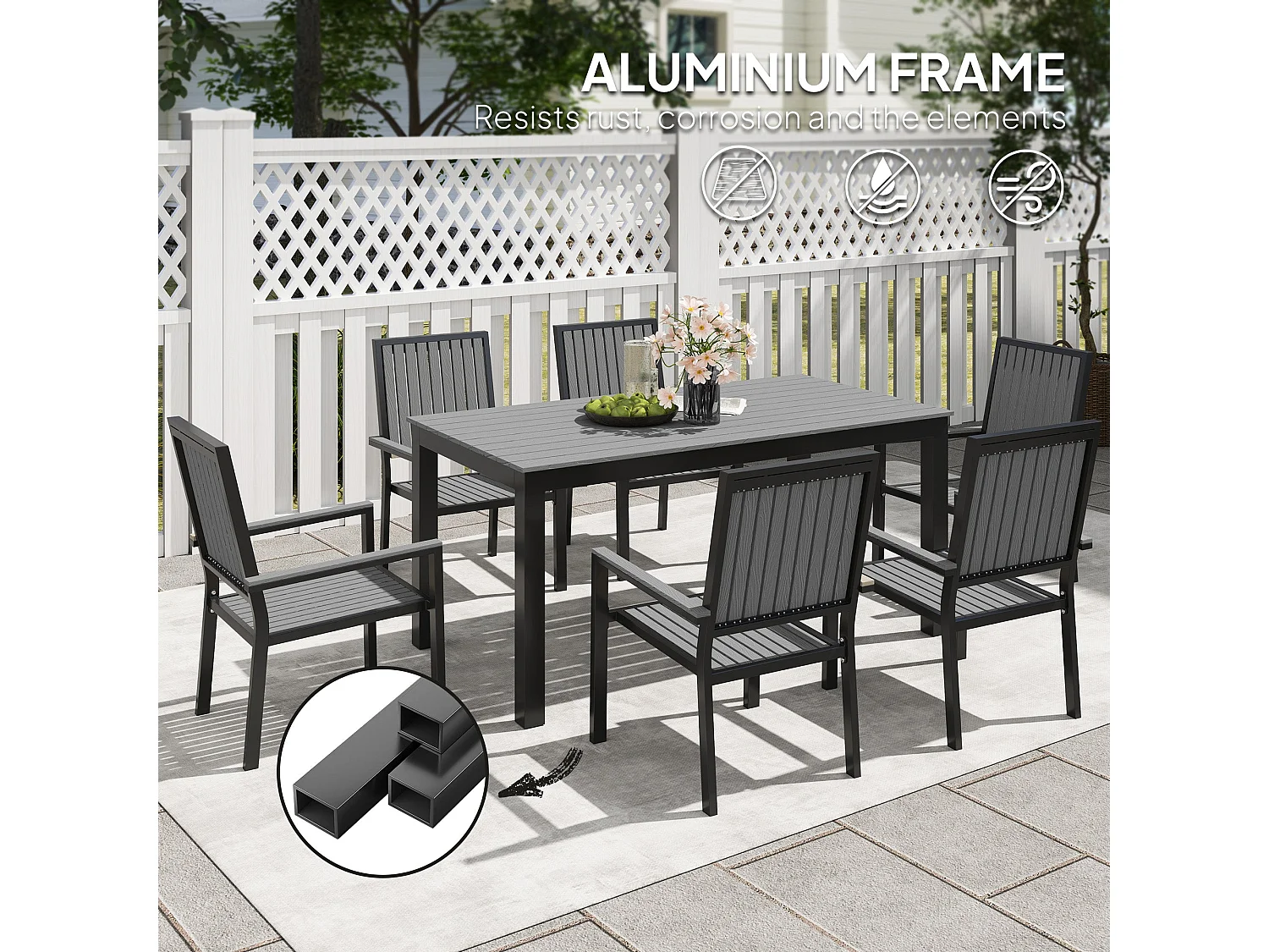 Tala 6 Seater Grey Garden Dining Set Rectangular 160cm Table with Stackable Armrest Chairs