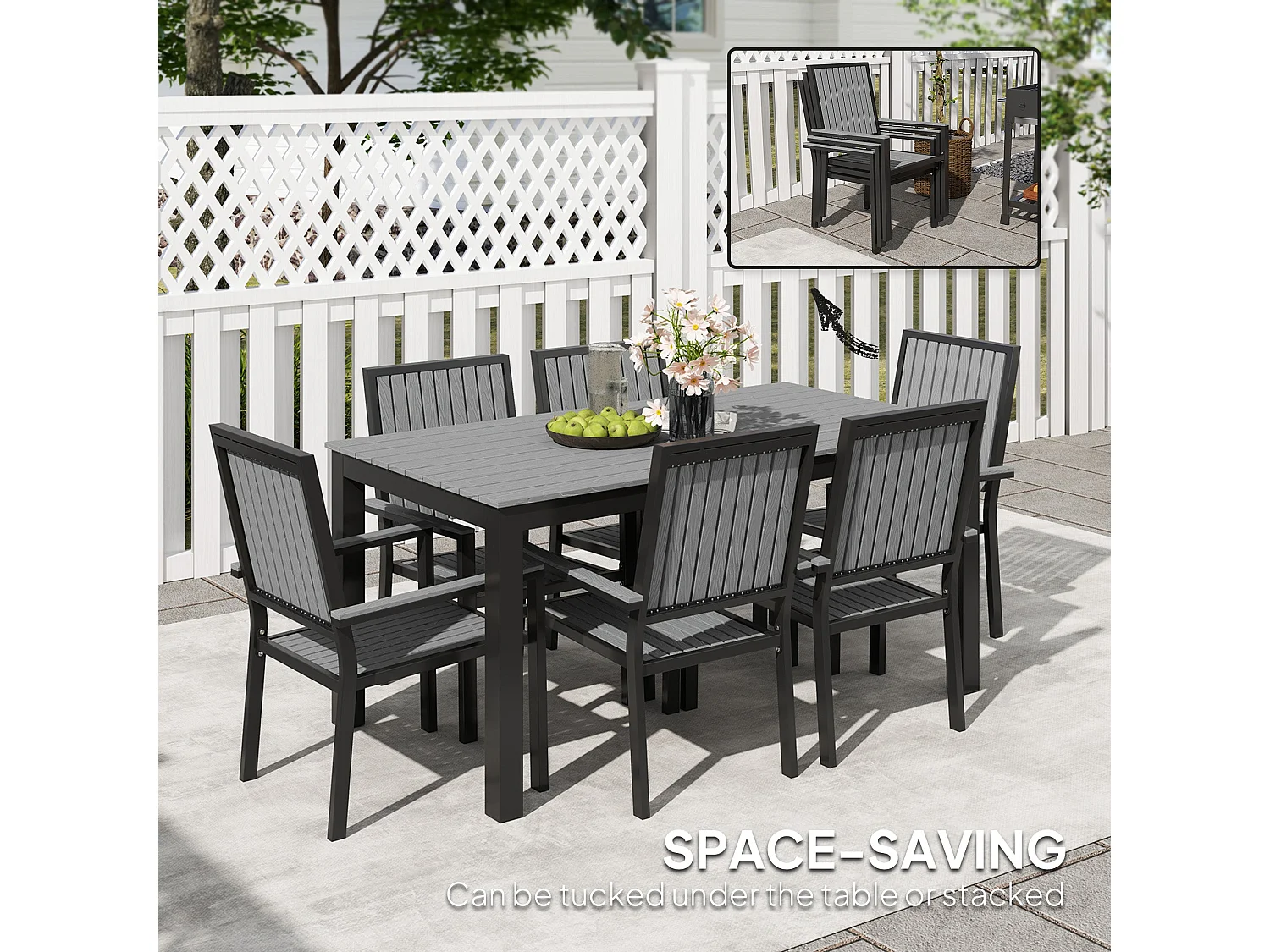 Tala 6 Seater Grey Garden Dining Set Rectangular 160cm Table with Stackable Armrest Chairs