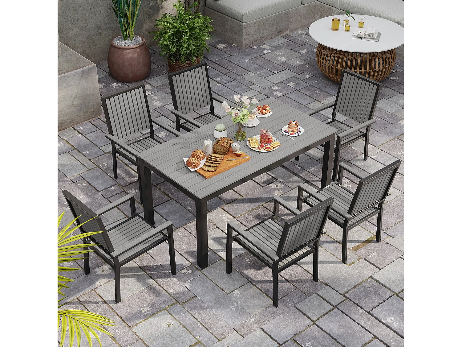 Tala 6 Seater Grey Garden Dining Set Rectangular 160cm Table with Stackable Armrest Chairs