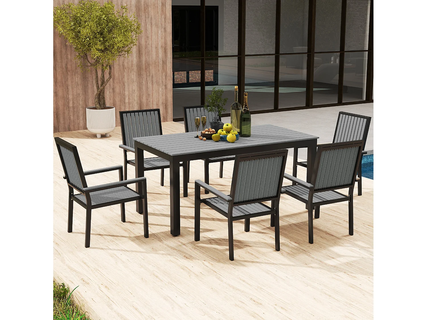 Tala 6 Seater Grey Garden Dining Set Rectangular 160cm Table with Stackable Armrest Chairs