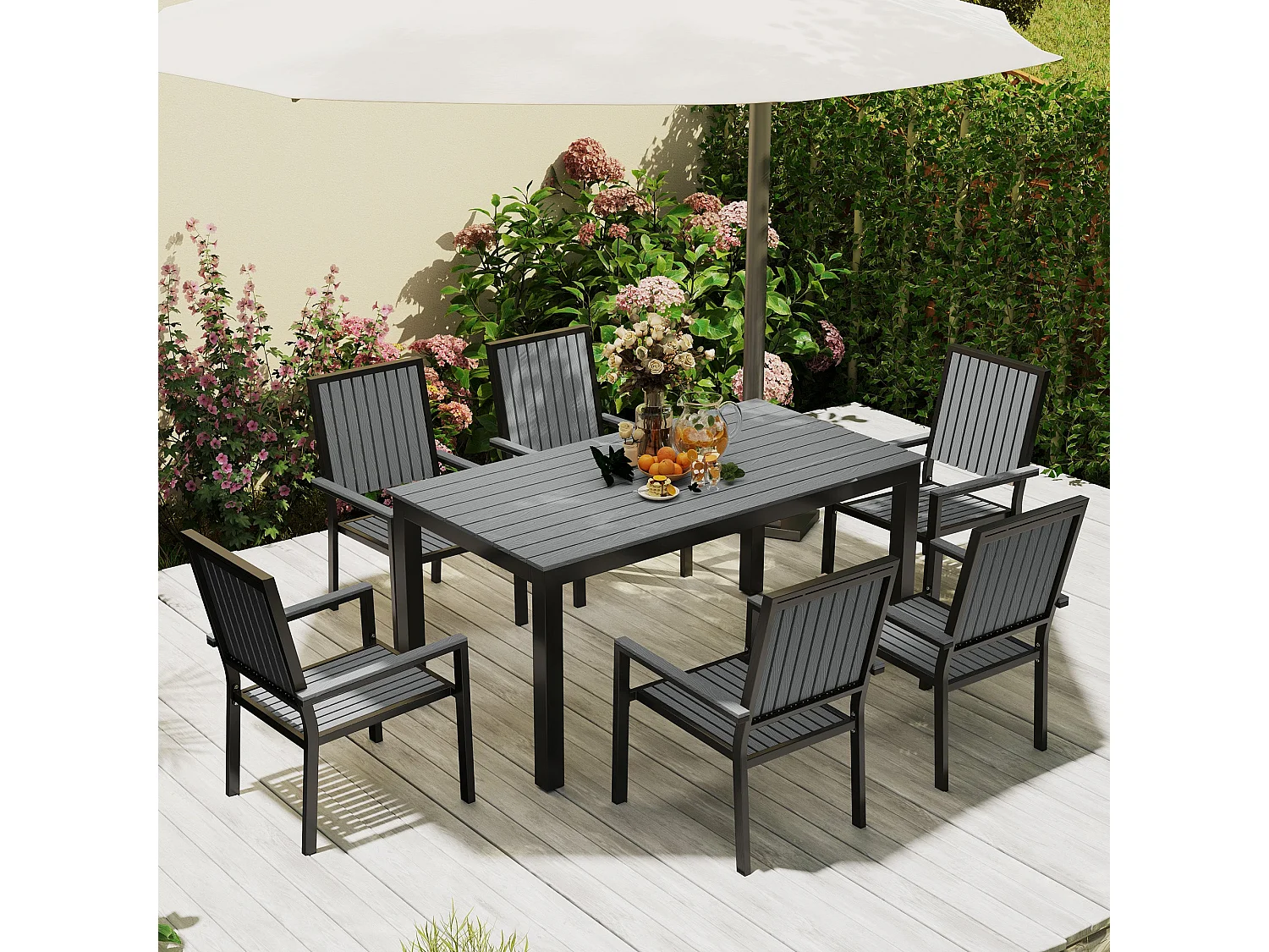 Tala 6 Seater Grey Garden Dining Set Rectangular 160cm Table with Stackable Armrest Chairs