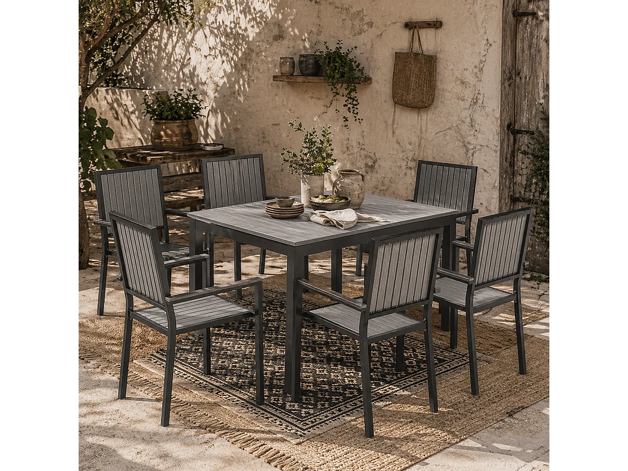 Tala 6 Seater Grey Garden Dining Set Rectangular 160cm Table with Stackable Armrest Chairs