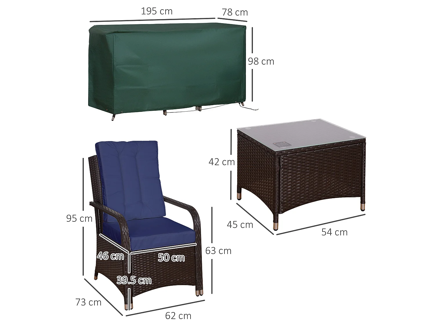 Rereha Dark Blue 3 Piece Rattan Bistro Set with Glass Table and Protective Cover