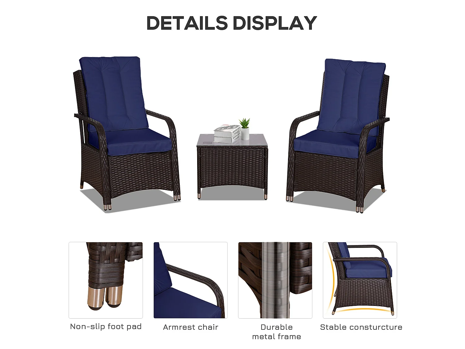 Rereha Dark Blue 3 Piece Rattan Bistro Set with Glass Table and Protective Cover