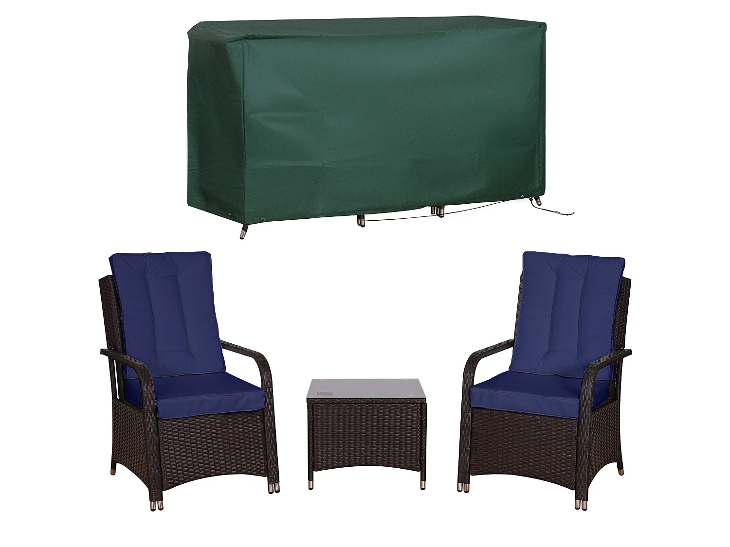 Rereha Dark Blue 3 Piece Rattan Bistro Set with Glass Table and Protective Cover