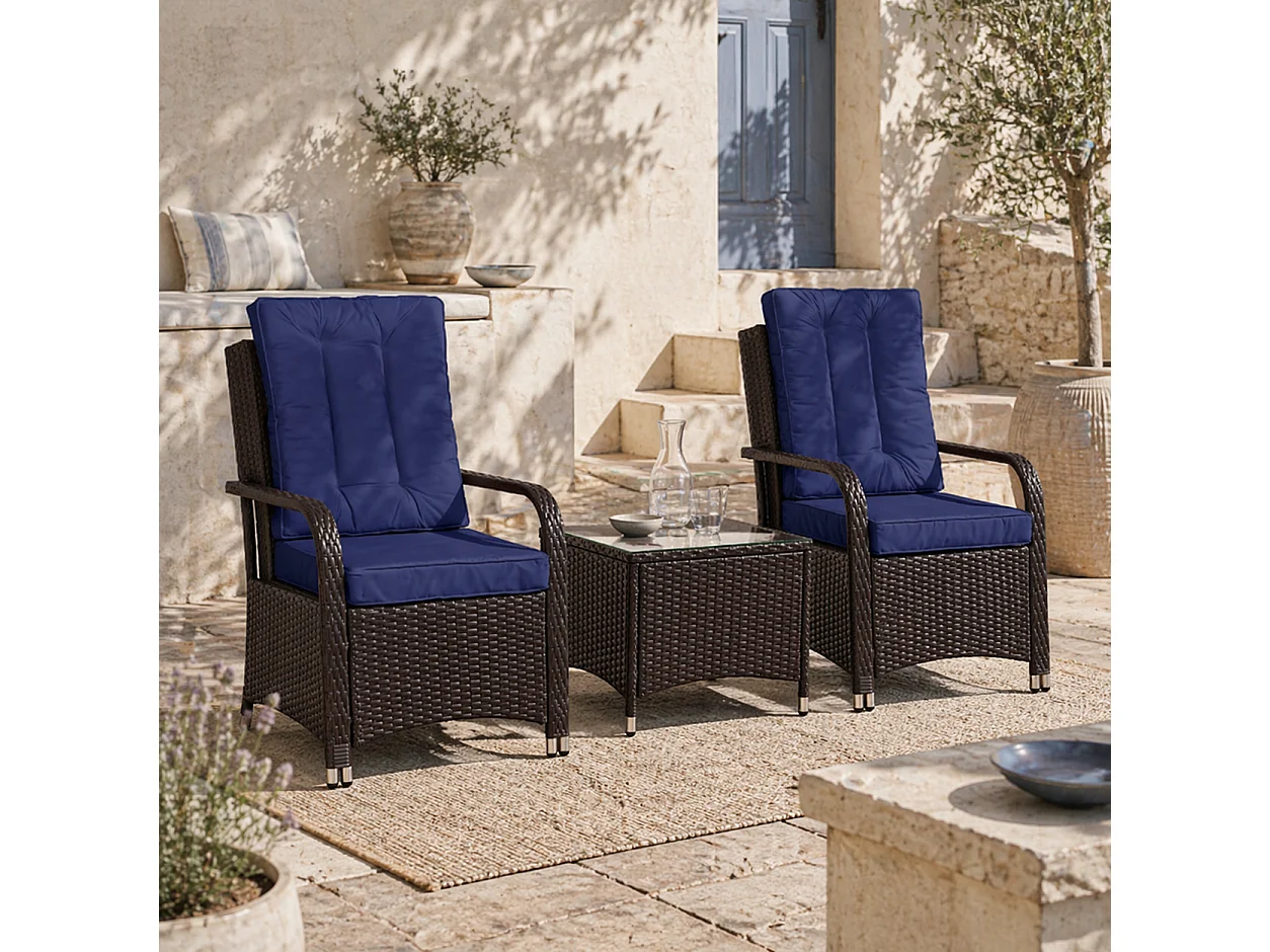 Rereha Dark Blue 3 Piece Rattan Bistro Set with Glass Table and Protective Cover