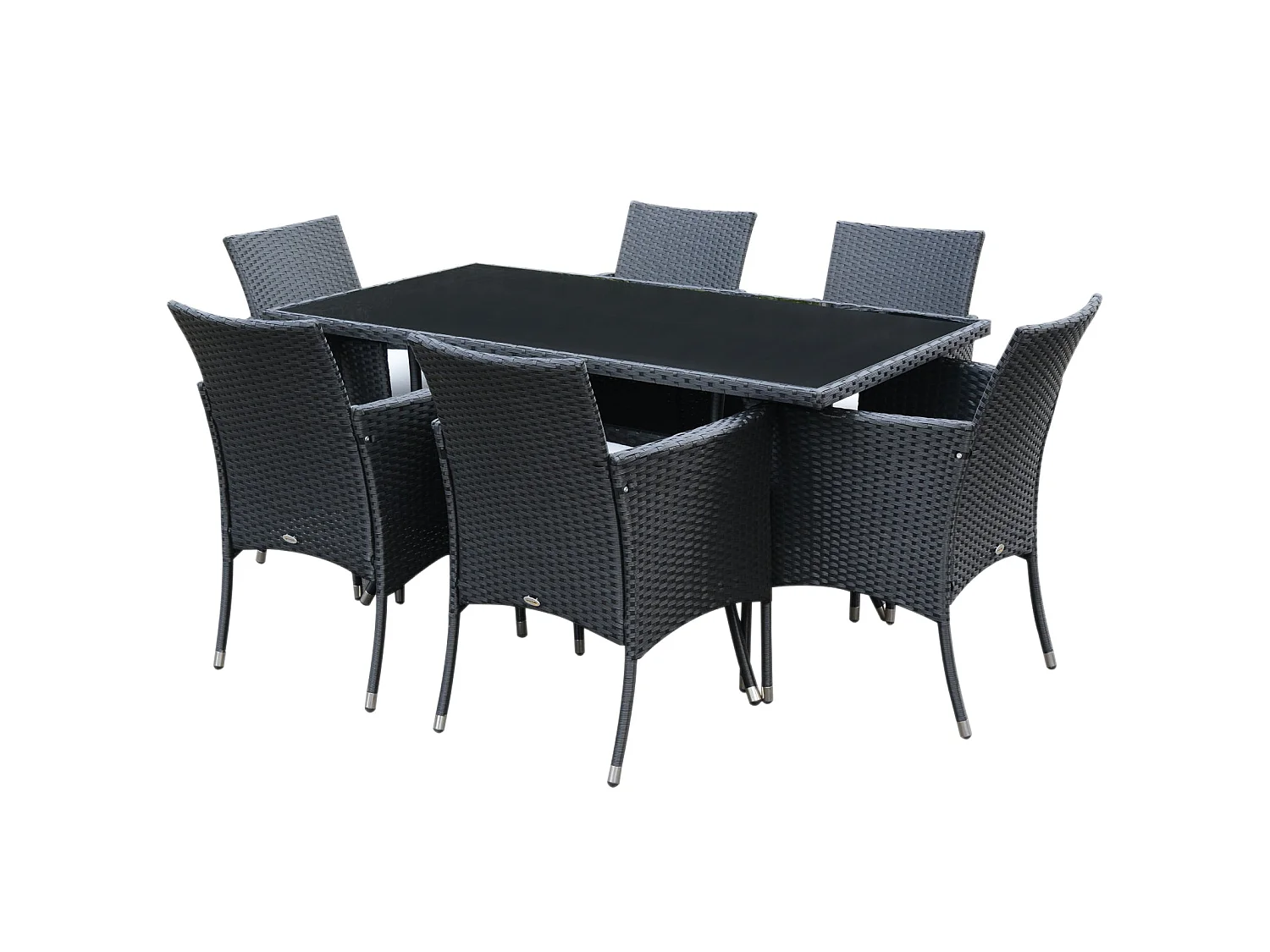 Loreke Black Rattan 6 Seater Outdoor Dining Set Glass Top Table 6 Armchairs