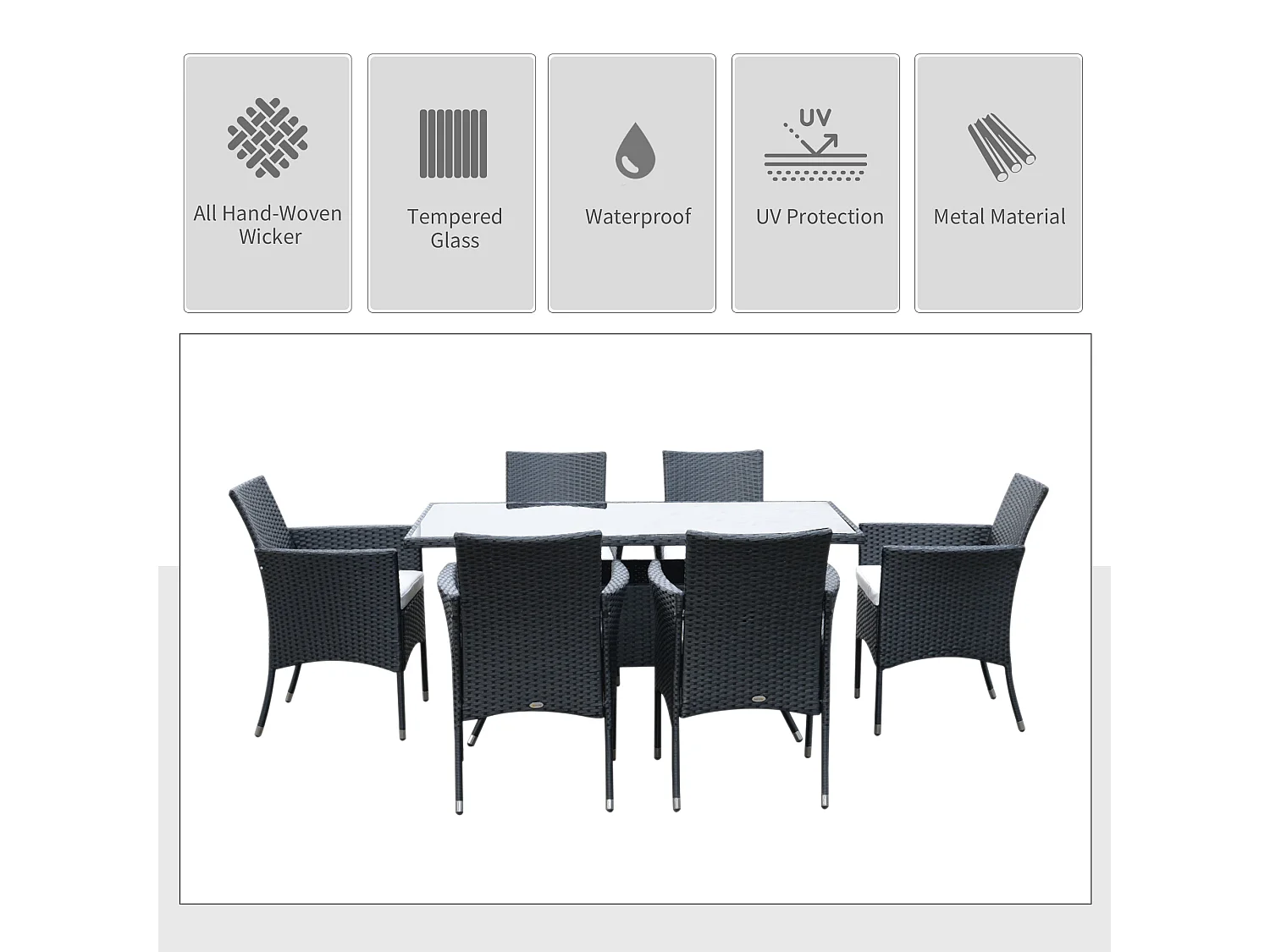 Loreke Black Rattan 6 Seater Outdoor Dining Set Glass Top Table 6 Armchairs