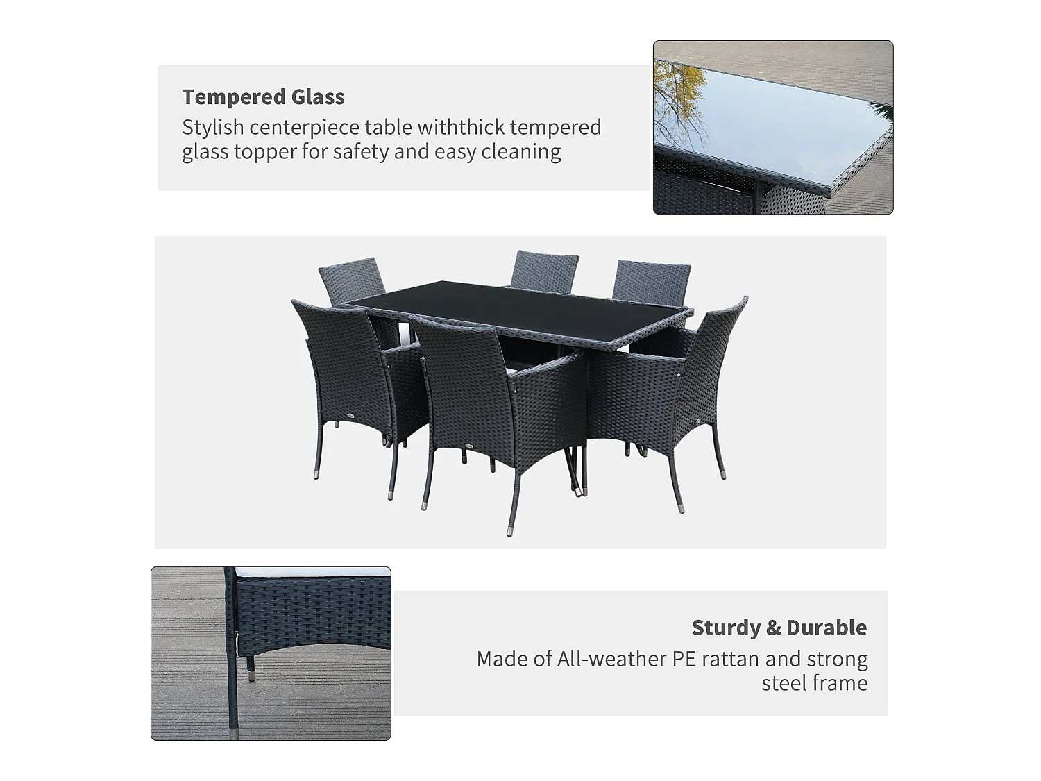 Loreke Black Rattan 6 Seater Outdoor Dining Set Glass Top Table 6 Armchairs