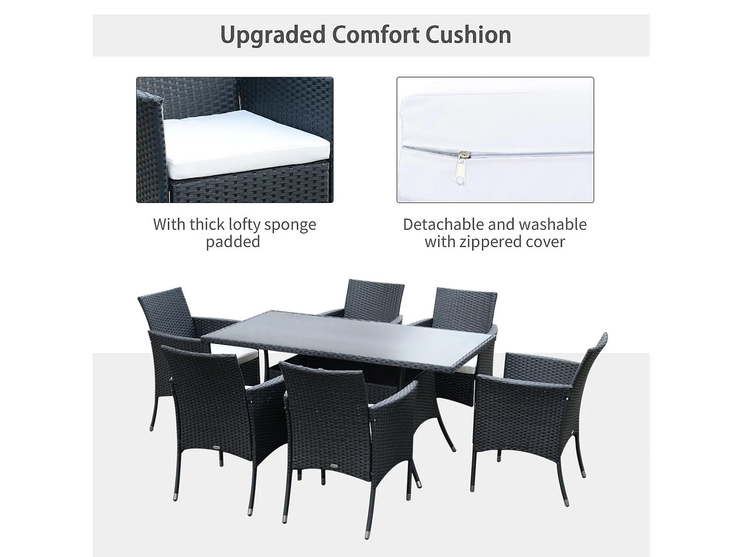 Loreke Black Rattan 6 Seater Outdoor Dining Set Glass Top Table 6 Armchairs