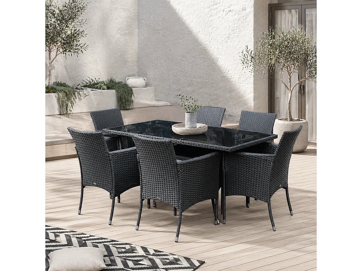 Loreke Black Rattan 6 Seater Outdoor Dining Set Glass Top Table 6 Armchairs