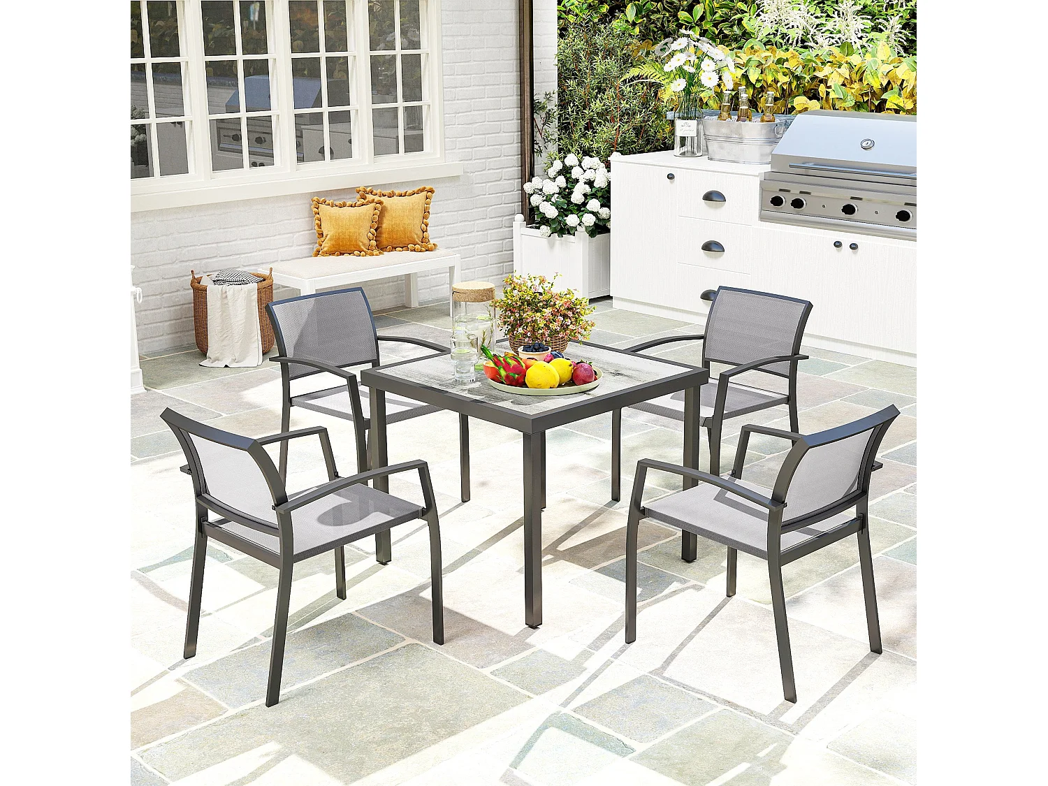 Velo 4 Seater Grey Outdoor Dining Set Square Table Stackable Mesh Chairs