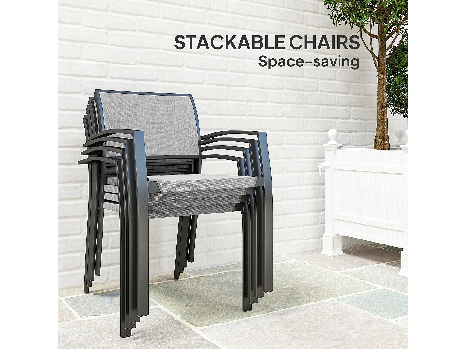 Velo 4 Seater Grey Outdoor Dining Set Square Table Stackable Mesh Chairs