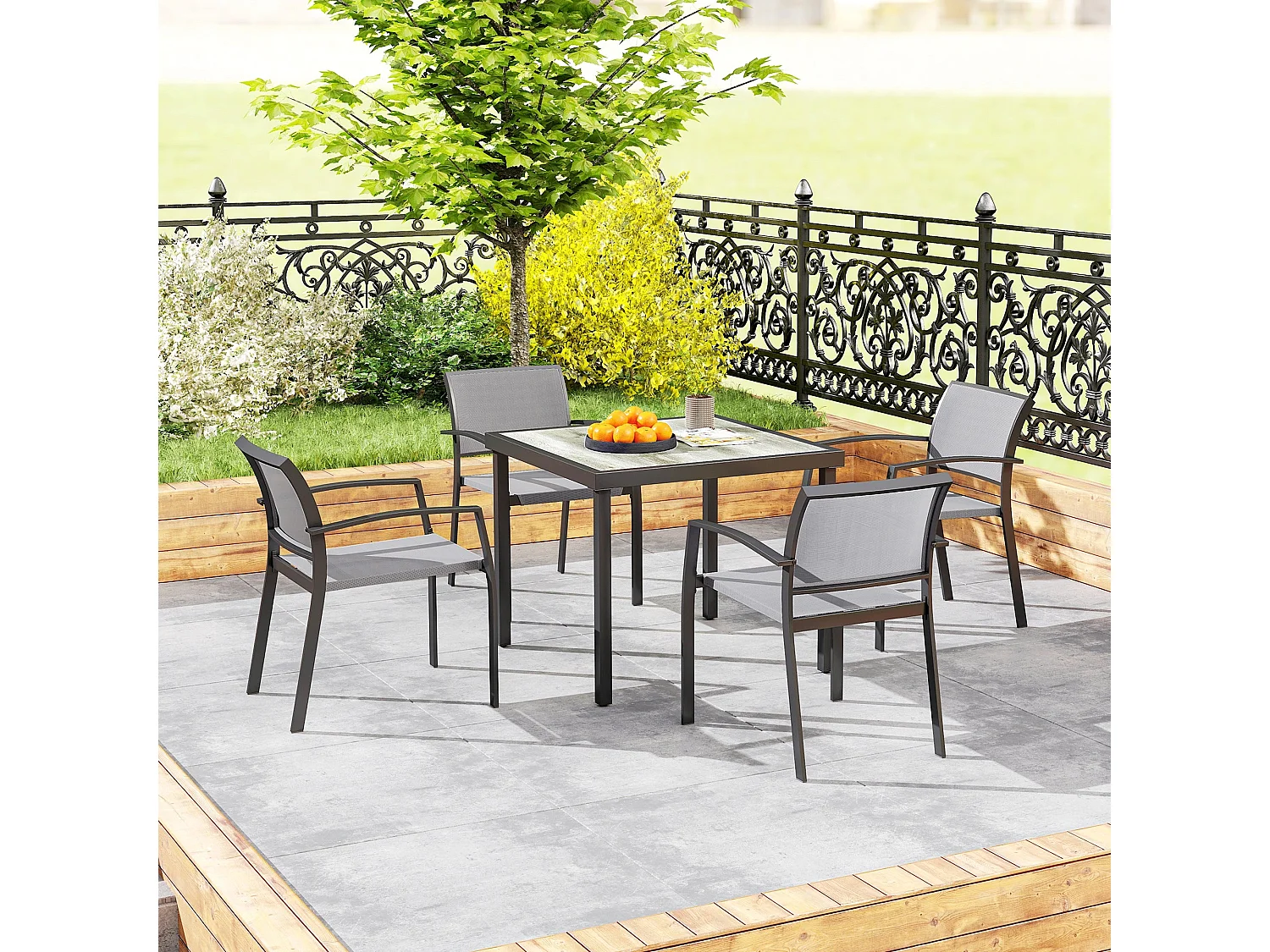 Velo 4 Seater Grey Outdoor Dining Set Square Table Stackable Mesh Chairs