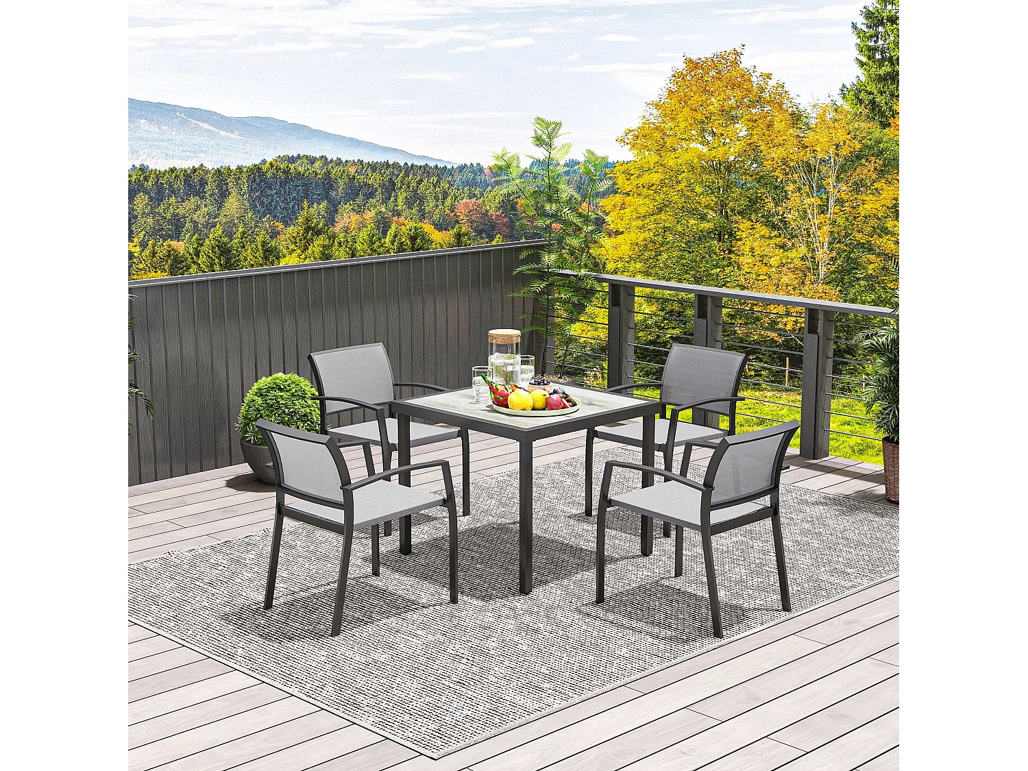Velo 4 Seater Grey Outdoor Dining Set Square Table Stackable Mesh Chairs