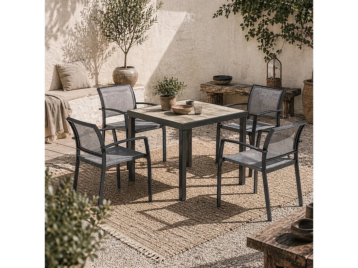 Velo 4 Seater Grey Outdoor Dining Set Square Table Stackable Mesh Chairs
