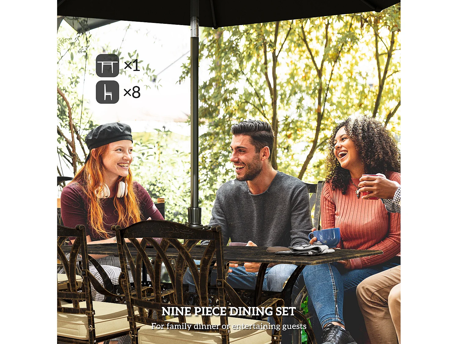 Vesuno 8 Seater Bronze Cast Aluminium Garden Dining Set with Parasol Hole