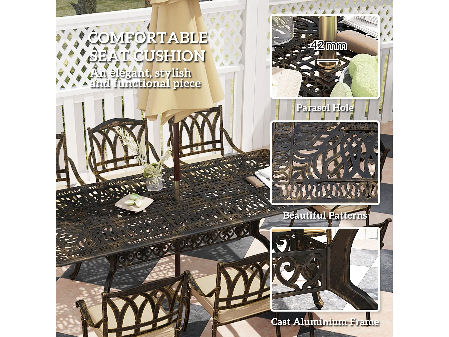 Vesuno 8 Seater Bronze Cast Aluminium Garden Dining Set with Parasol Hole