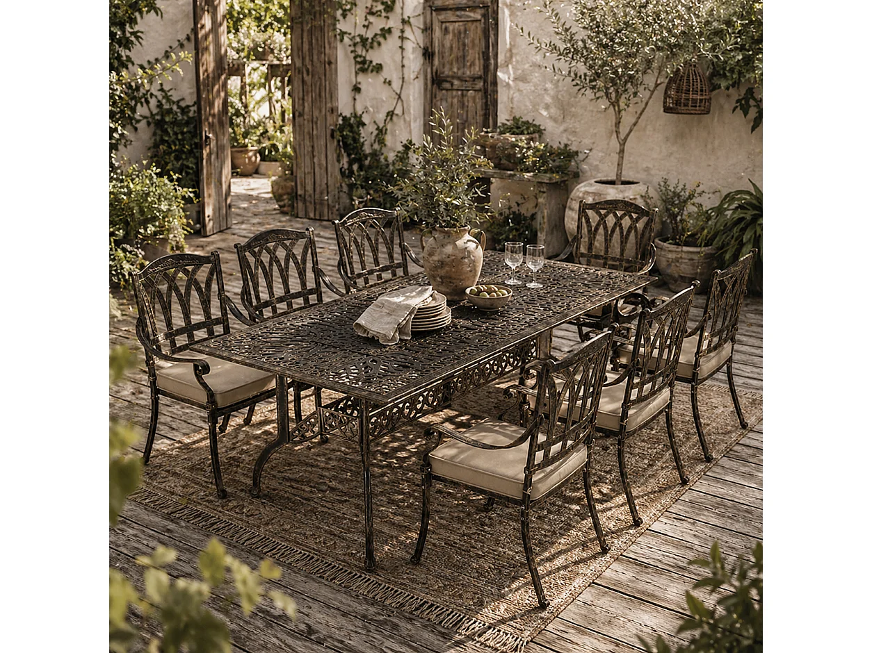 Vesuno 8 Seater Bronze Cast Aluminium Garden Dining Set with Parasol Hole