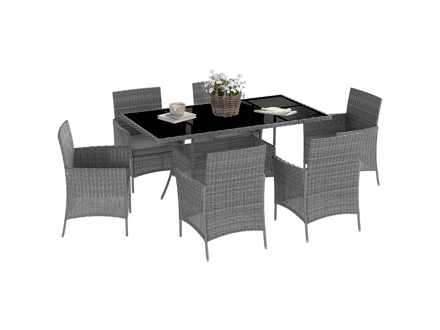 Lona 7 Piece Charcoal Grey PE Rattan Outdoor Dining Set 6 Cushioned Armchairs with Rectangular Toughened Glass Table
