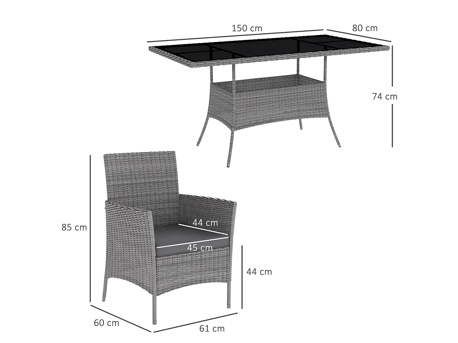 Lona 7 Piece Charcoal Grey PE Rattan Outdoor Dining Set 6 Cushioned Armchairs with Rectangular Toughened Glass Table