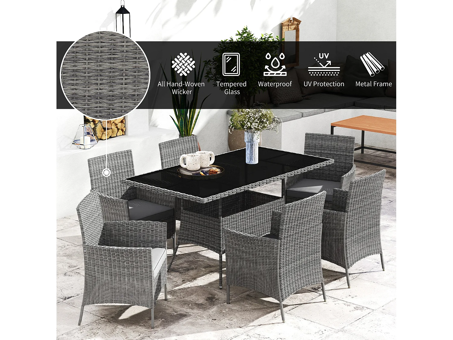 Lona 7 Piece Charcoal Grey PE Rattan Outdoor Dining Set 6 Cushioned Armchairs with Rectangular Toughened Glass Table