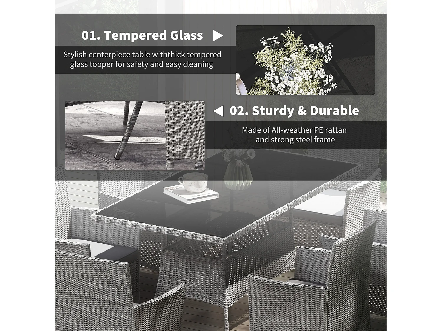 Lona 7 Piece Charcoal Grey PE Rattan Outdoor Dining Set 6 Cushioned Armchairs with Rectangular Toughened Glass Table