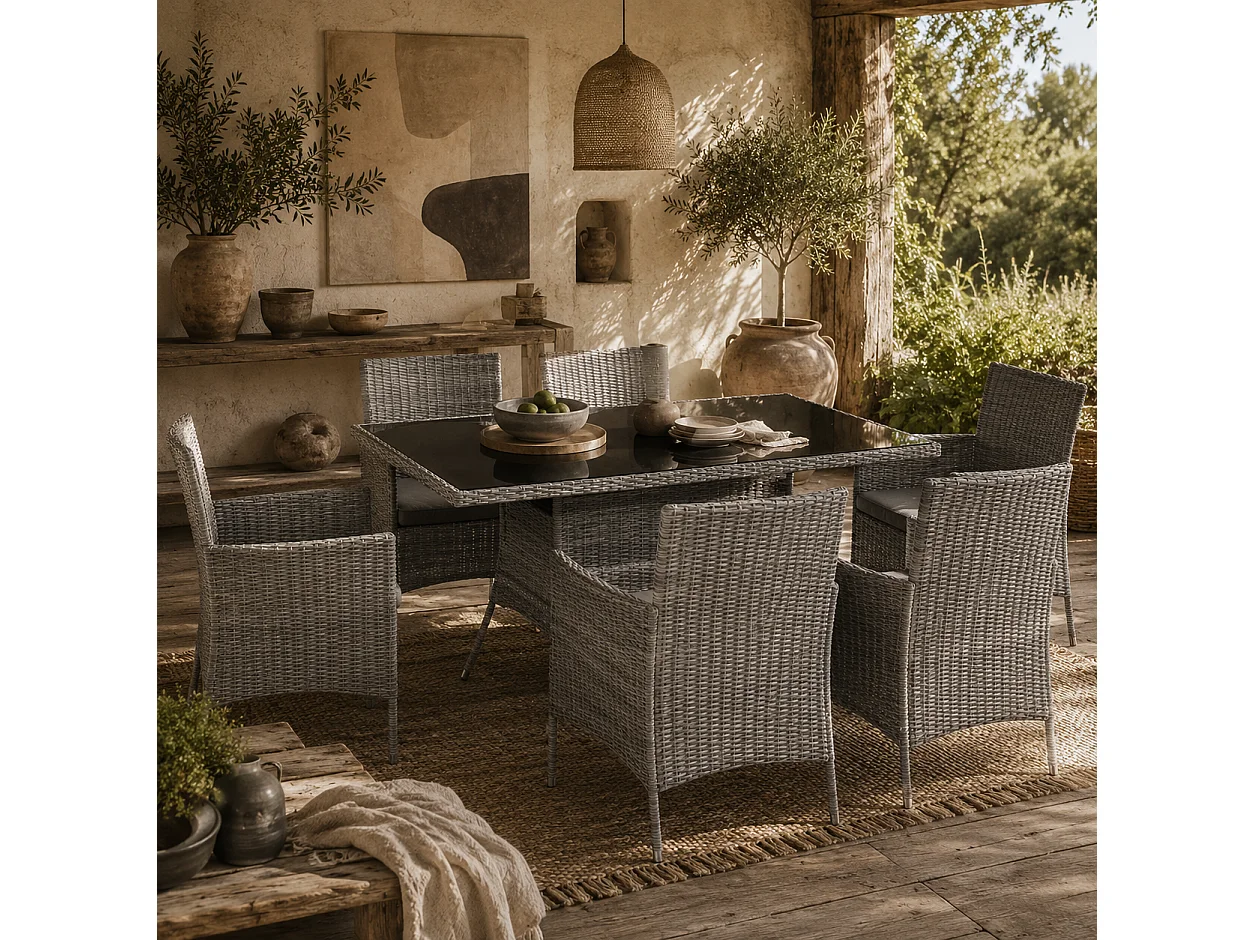 Lona 7 Piece Charcoal Grey PE Rattan Outdoor Dining Set 6 Cushioned Armchairs with Rectangular Toughened Glass Table