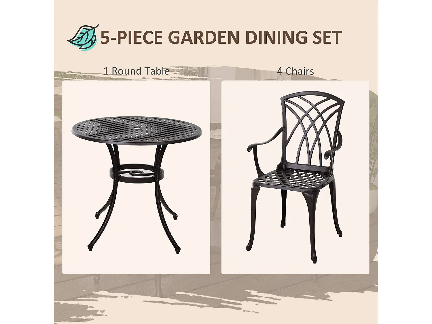 Rohafa Brown Cast Aluminium 4 Seater Garden Dining Set with Armchairs and Round Table
