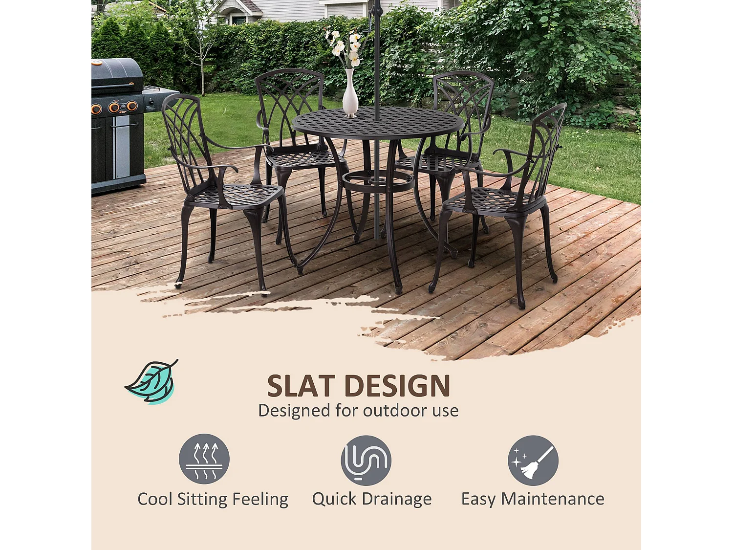 Rohafa Brown Cast Aluminium 4 Seater Garden Dining Set with Armchairs and Round Table