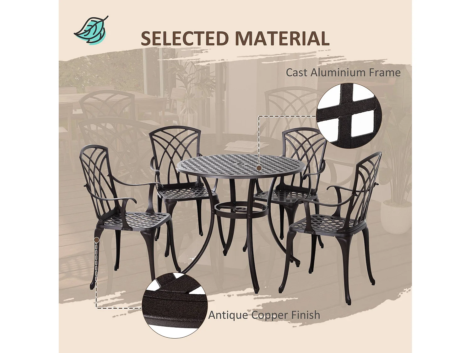 Rohafa Brown Cast Aluminium 4 Seater Garden Dining Set with Armchairs and Round Table