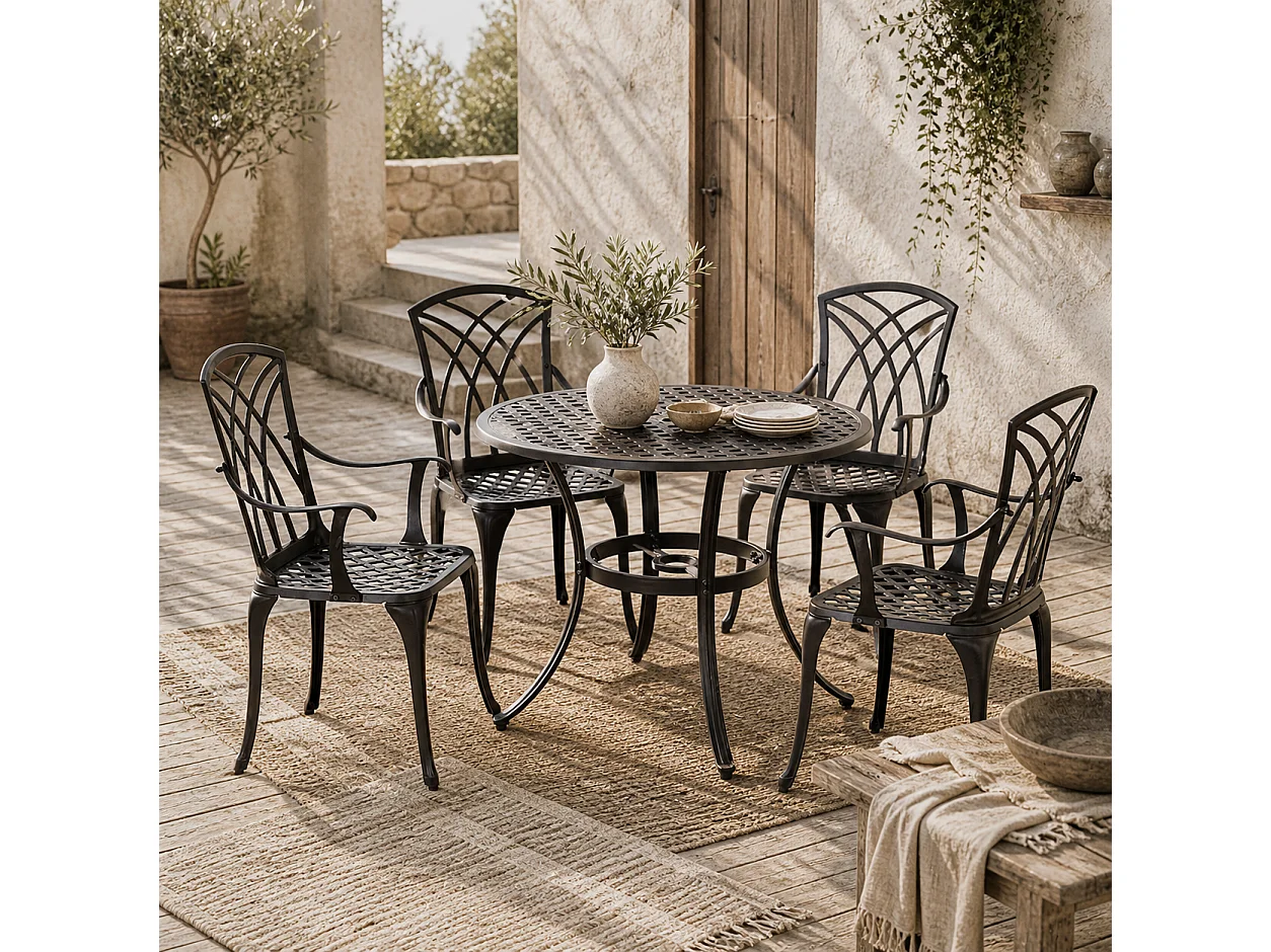 Rohafa Brown Cast Aluminium 4 Seater Garden Dining Set with Armchairs and Round Table
