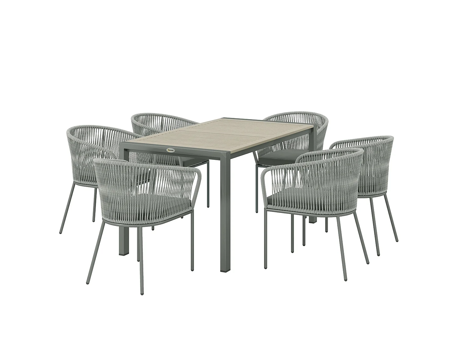 Riluvi Grey 6 Seater Rattan Outdoor Dining Set with Acacia Wood Top and Cushioned Chairs