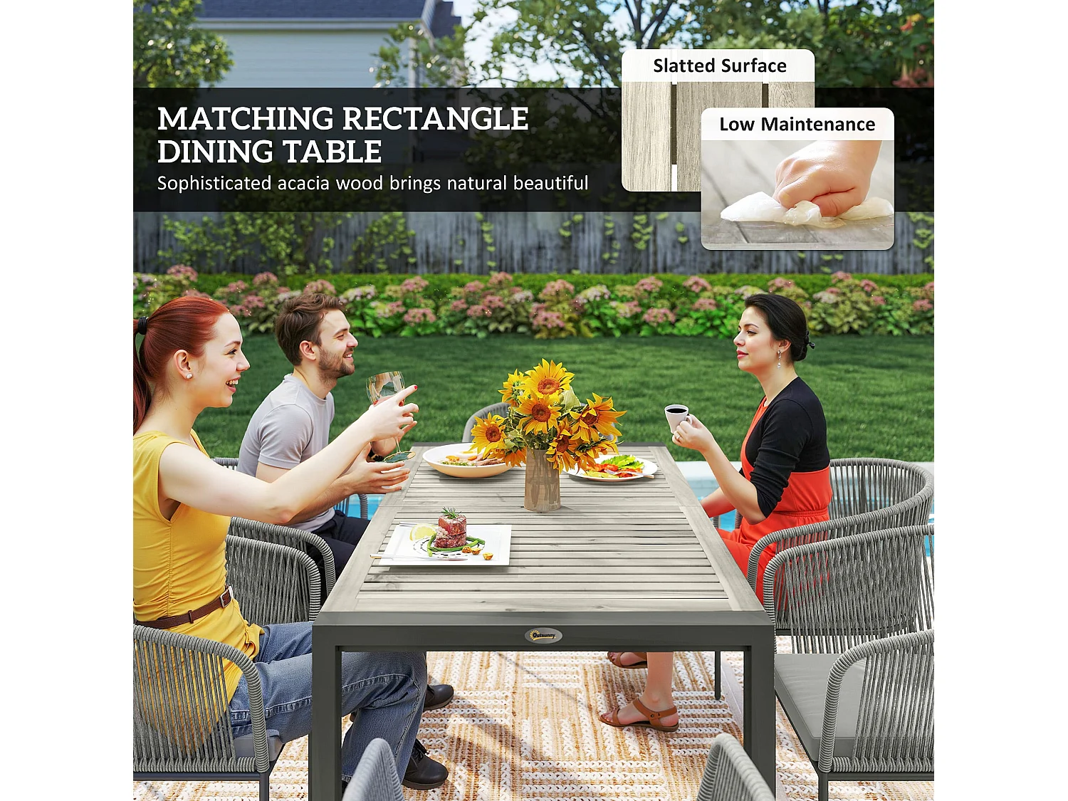 Riluvi Grey 6 Seater Rattan Outdoor Dining Set with Acacia Wood Top and Cushioned Chairs