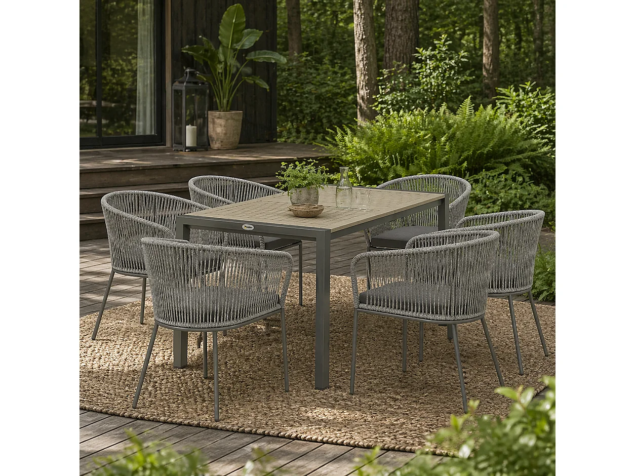 Riluvi Grey 6 Seater Rattan Outdoor Dining Set with Acacia Wood Top and Cushioned Chairs