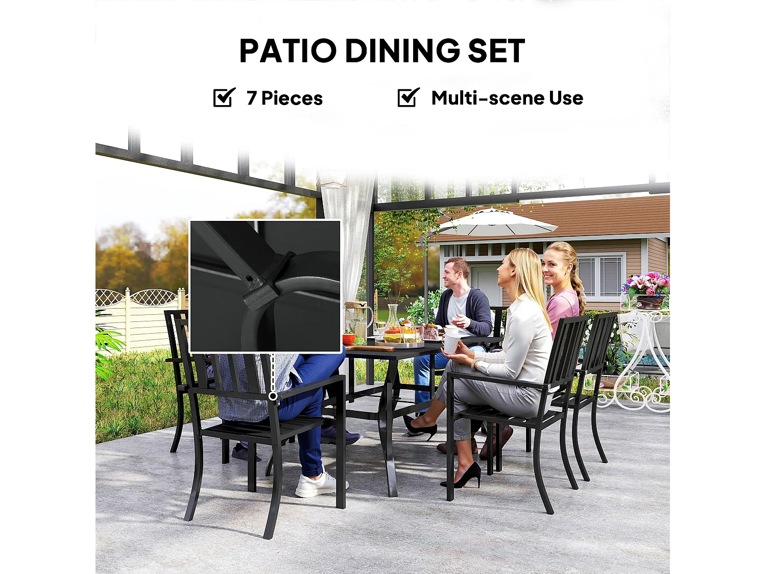 Suri Black Metal 6 Seater Outdoor Dining Set with Parasol Hole