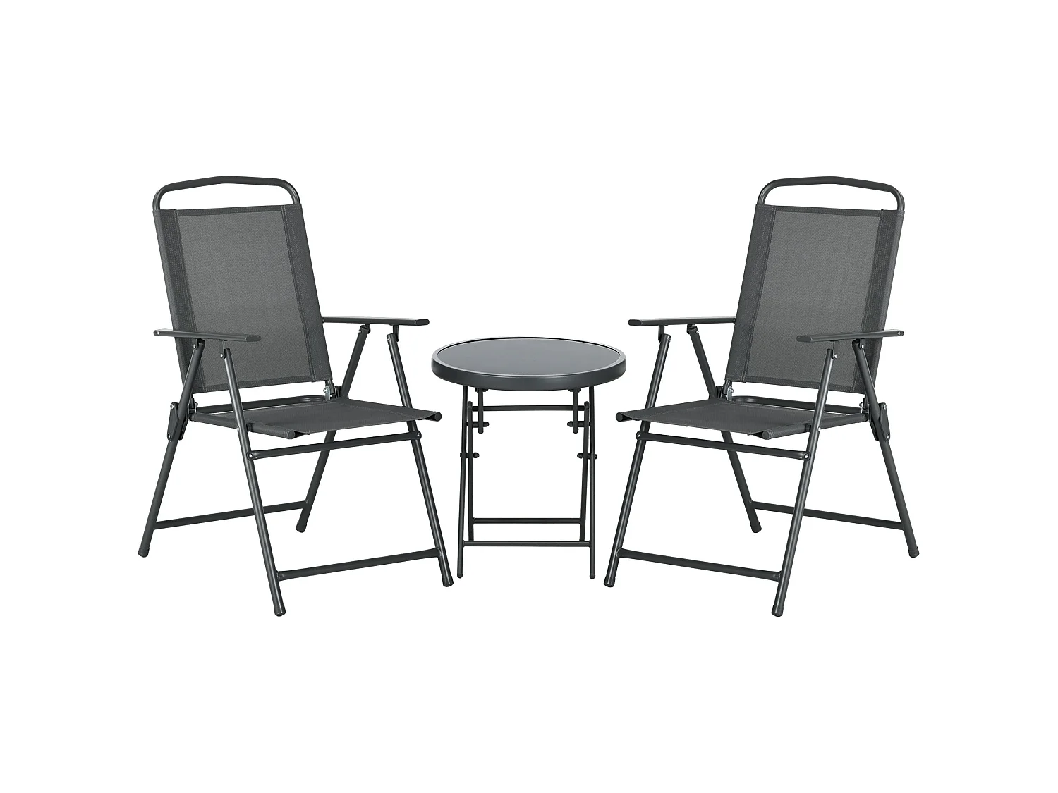 Baketo Dark Grey 3 Piece Folding Garden Set 2 Mesh Chairs and Round Glass Table