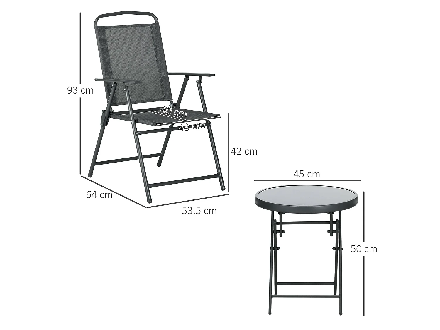 Baketo Dark Grey 3 Piece Folding Garden Set 2 Mesh Chairs and Round Glass Table