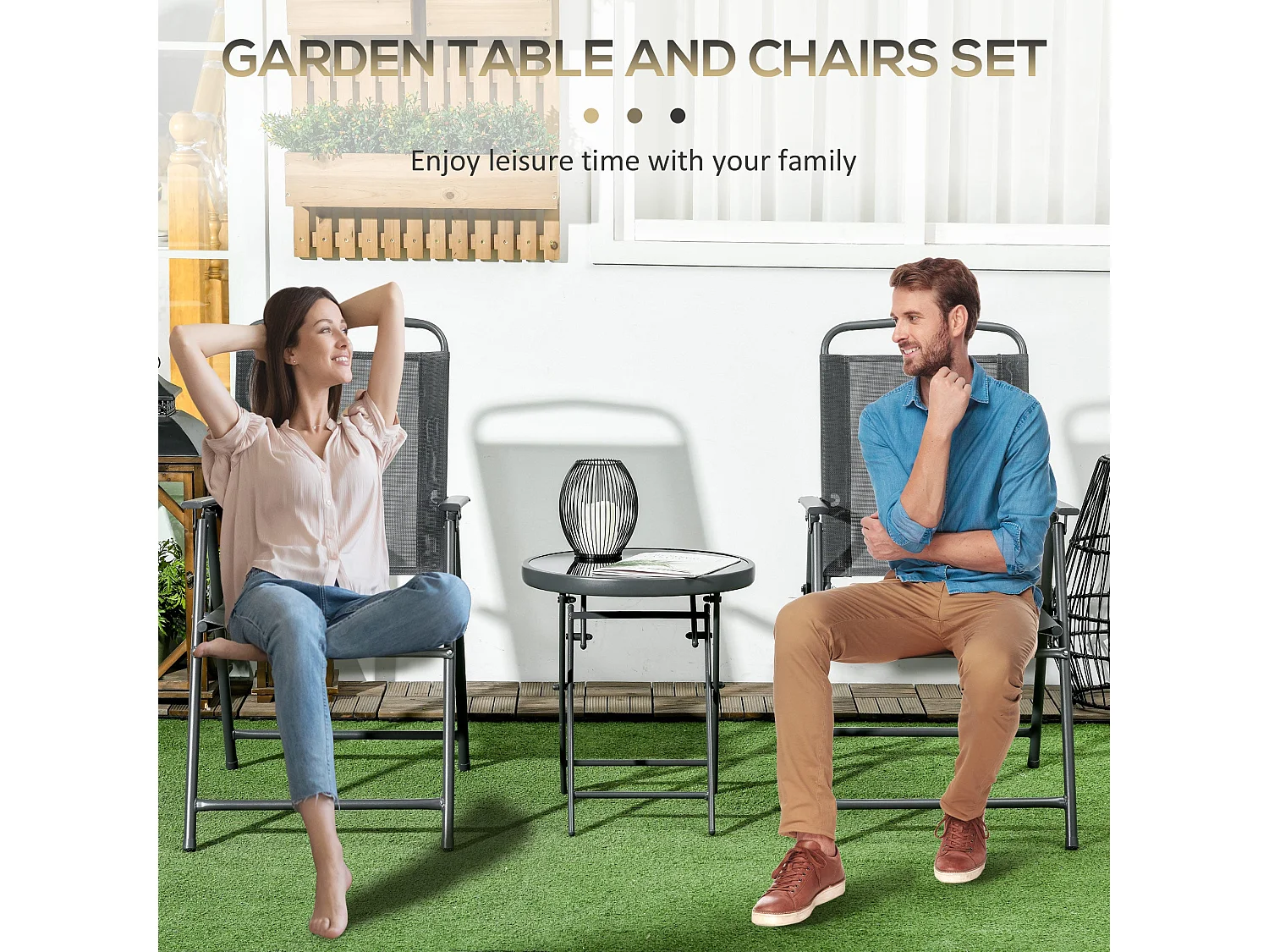 Baketo Dark Grey 3 Piece Folding Garden Set 2 Mesh Chairs and Round Glass Table
