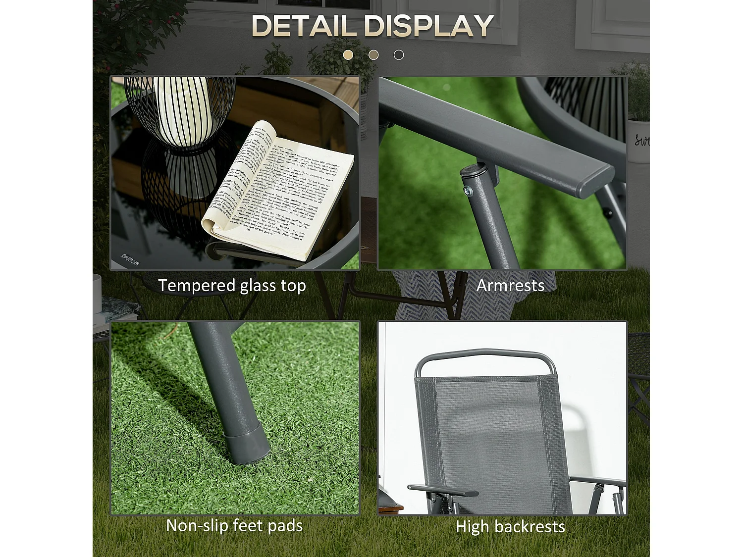 Baketo Dark Grey 3 Piece Folding Garden Set 2 Mesh Chairs and Round Glass Table