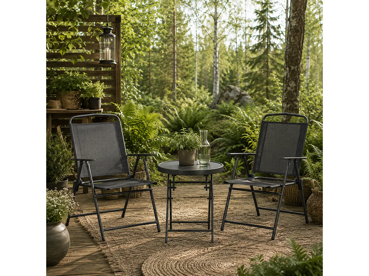 Baketo Dark Grey 3 Piece Folding Garden Set 2 Mesh Chairs and Round Glass Table