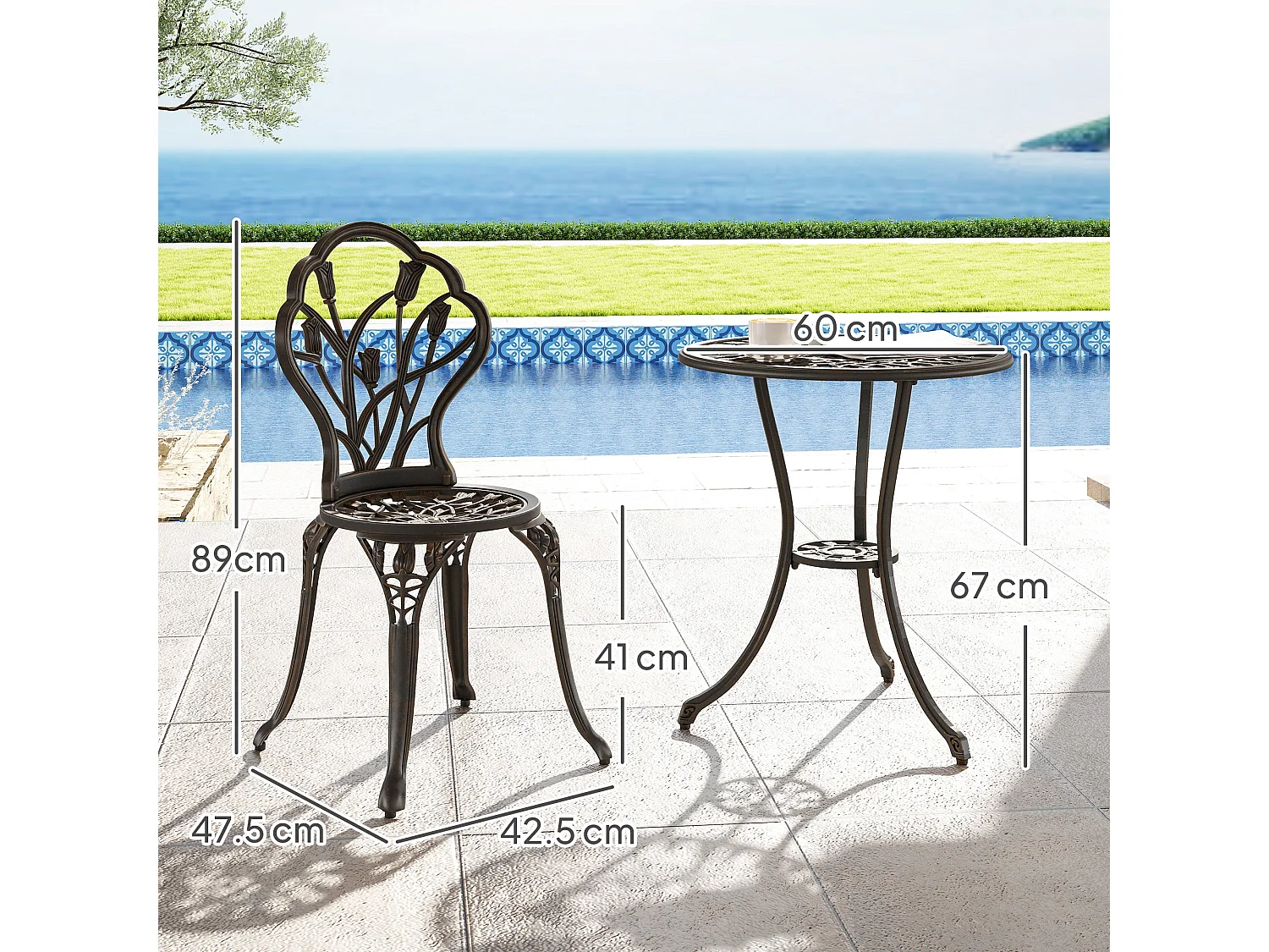 Fafire Bronze Tone Aluminium 3 Piece Patio Bistro Set Table with Umbrella Hole and 2 Armchairs
