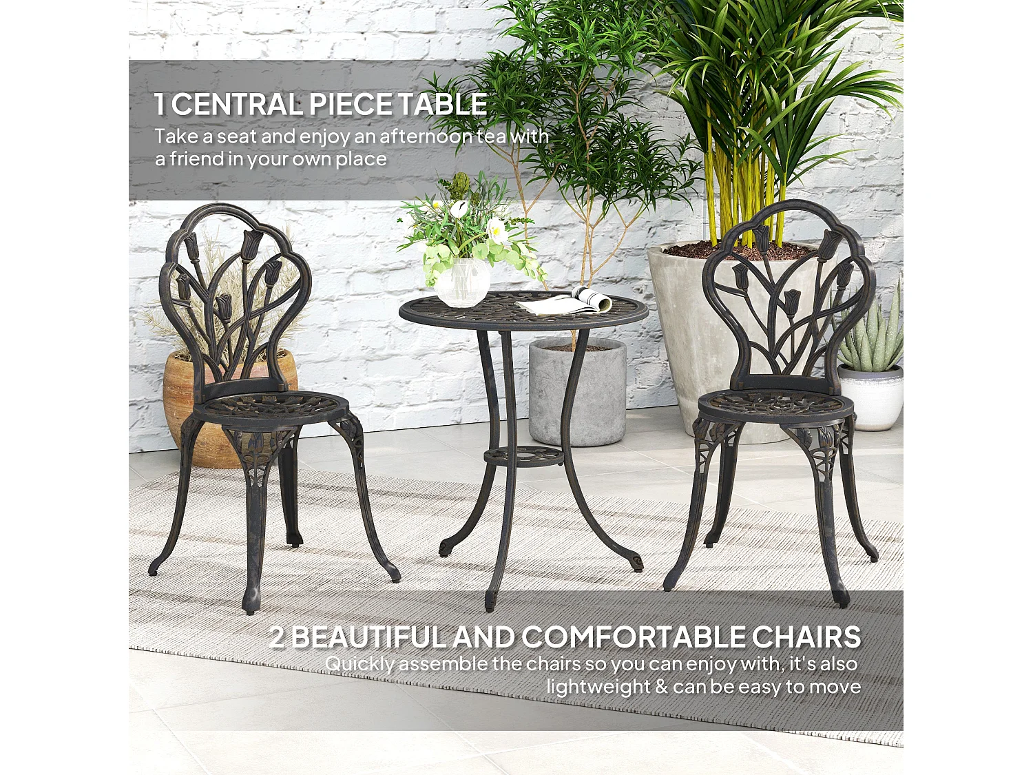 Fafire Bronze Tone Aluminium 3 Piece Patio Bistro Set Table with Umbrella Hole and 2 Armchairs