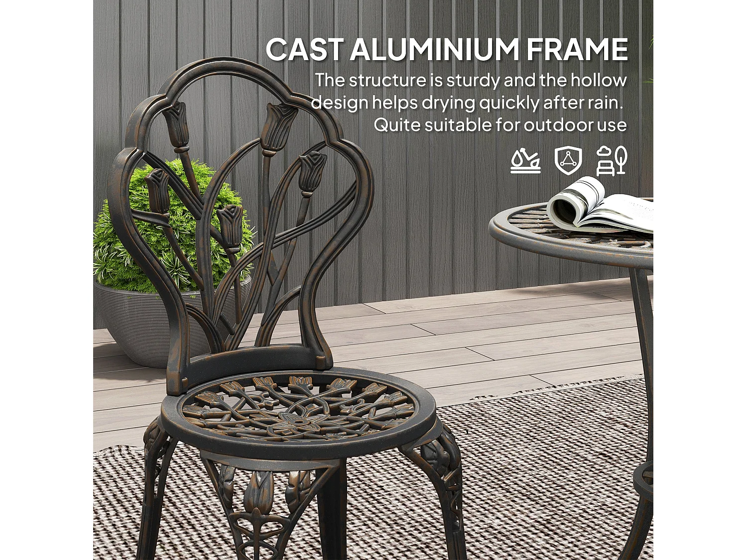 Fafire Bronze Tone Aluminium 3 Piece Patio Bistro Set Table with Umbrella Hole and 2 Armchairs
