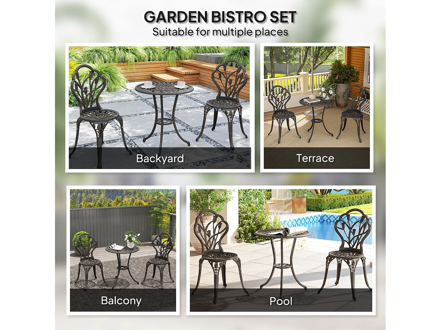 Fafire Bronze Tone Aluminium 3 Piece Patio Bistro Set Table with Umbrella Hole and 2 Armchairs
