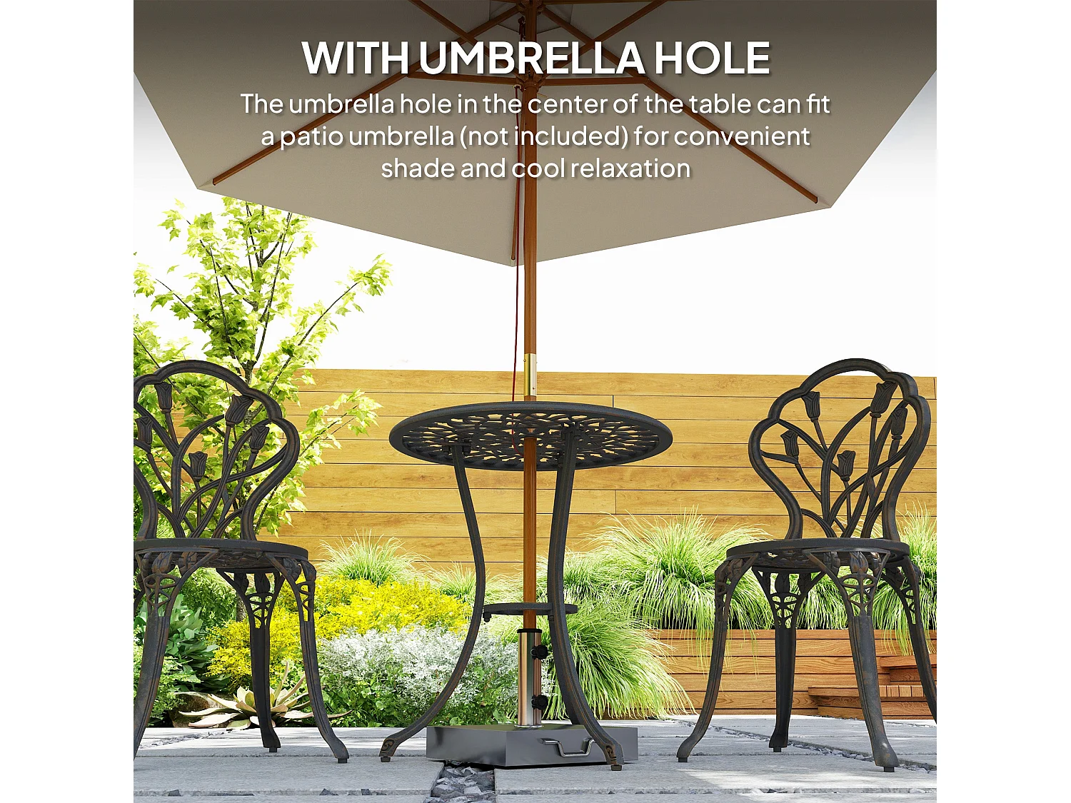 Fafire Bronze Tone Aluminium 3 Piece Patio Bistro Set Table with Umbrella Hole and 2 Armchairs