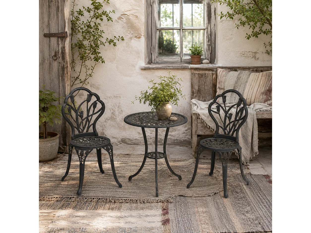 Fafire Bronze Tone Aluminium 3 Piece Patio Bistro Set Table with Umbrella Hole and 2 Armchairs
