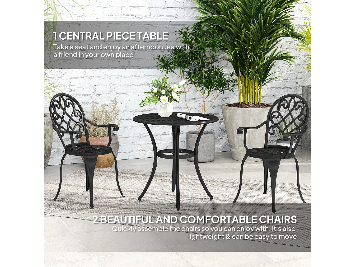 Ninette Black Aluminium 3 Piece Bistro Set 2 Seats Rust Resistant